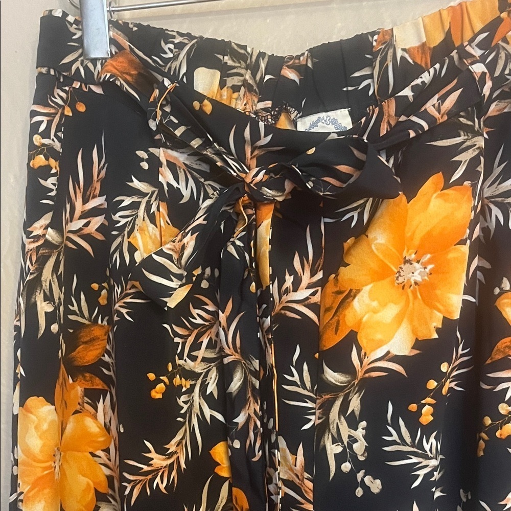Blue Rain Floral Pull On Black & Orange Silky Straight Leg Pocketed Pants Medium - Picture 3 of 6